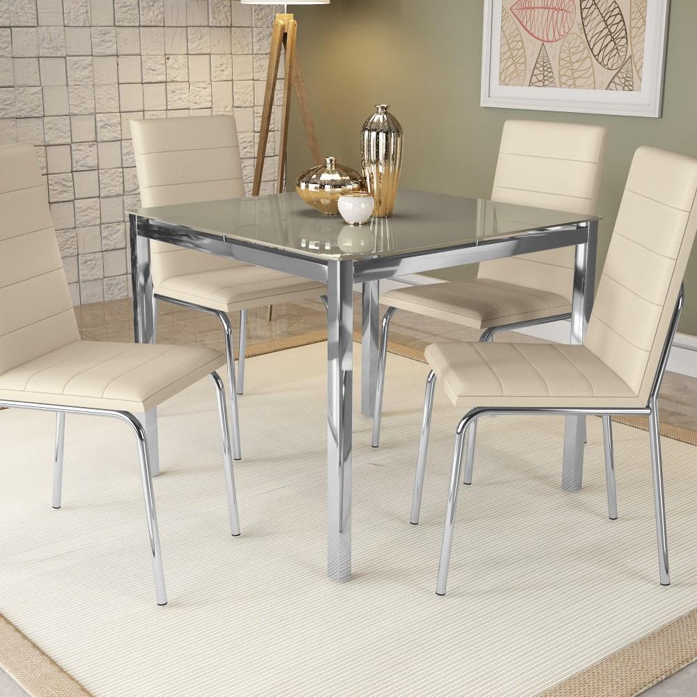 Kit Conjunto Mesa Quadrada 4 Cadeiras 90 X 90 Cm Sala De Jantar Cozinha Vidro Metal Cromado Nude 0396