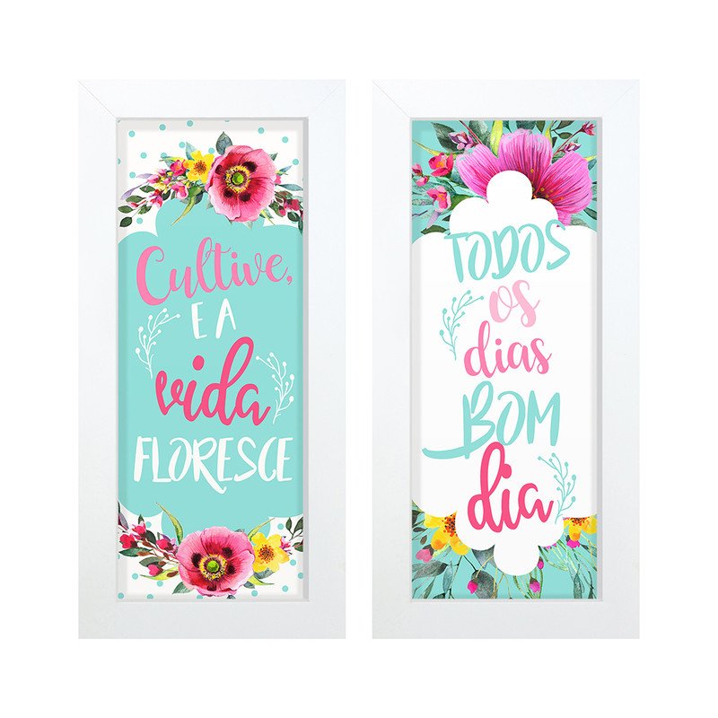 Dupla de Quadros Decorativos Frases Bom Dia Inspiração Colorido Flores Vida