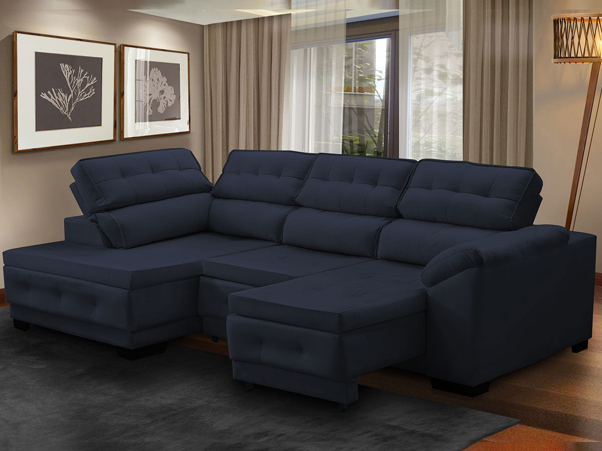 Sofá Canto Chaise Luiza 5 Lugares Retrátil Reclinável 250Cm Mola Pillow