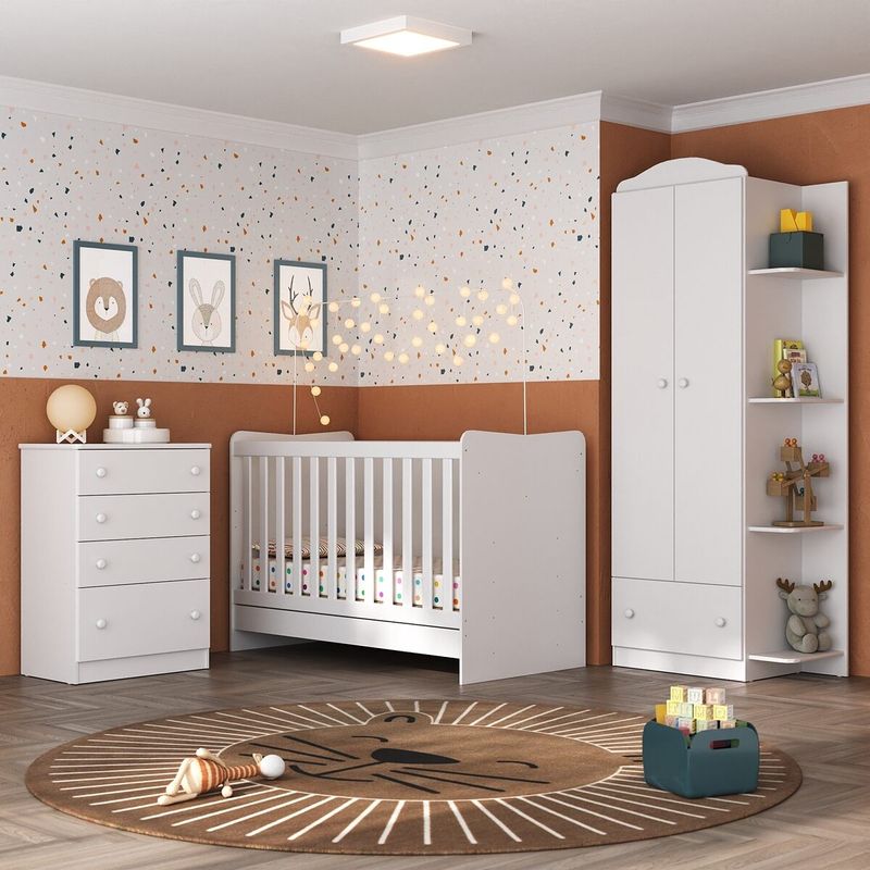Quarto-Infantil-Completo-Joao-e-Maria-com-berco-4-em-1---Roupeiro-e-comoda-Branco