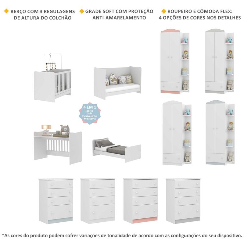 Quarto-Infantil-Completo-Joao-e-Maria-com-berco-4-em-1---Roupeiro-e-comoda-Branco