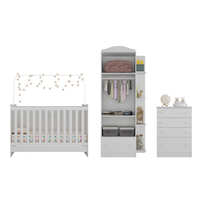 Quarto-Infantil-Completo-Joao-e-Maria-com-berco-4-em-1---Roupeiro-e-comoda-Branco