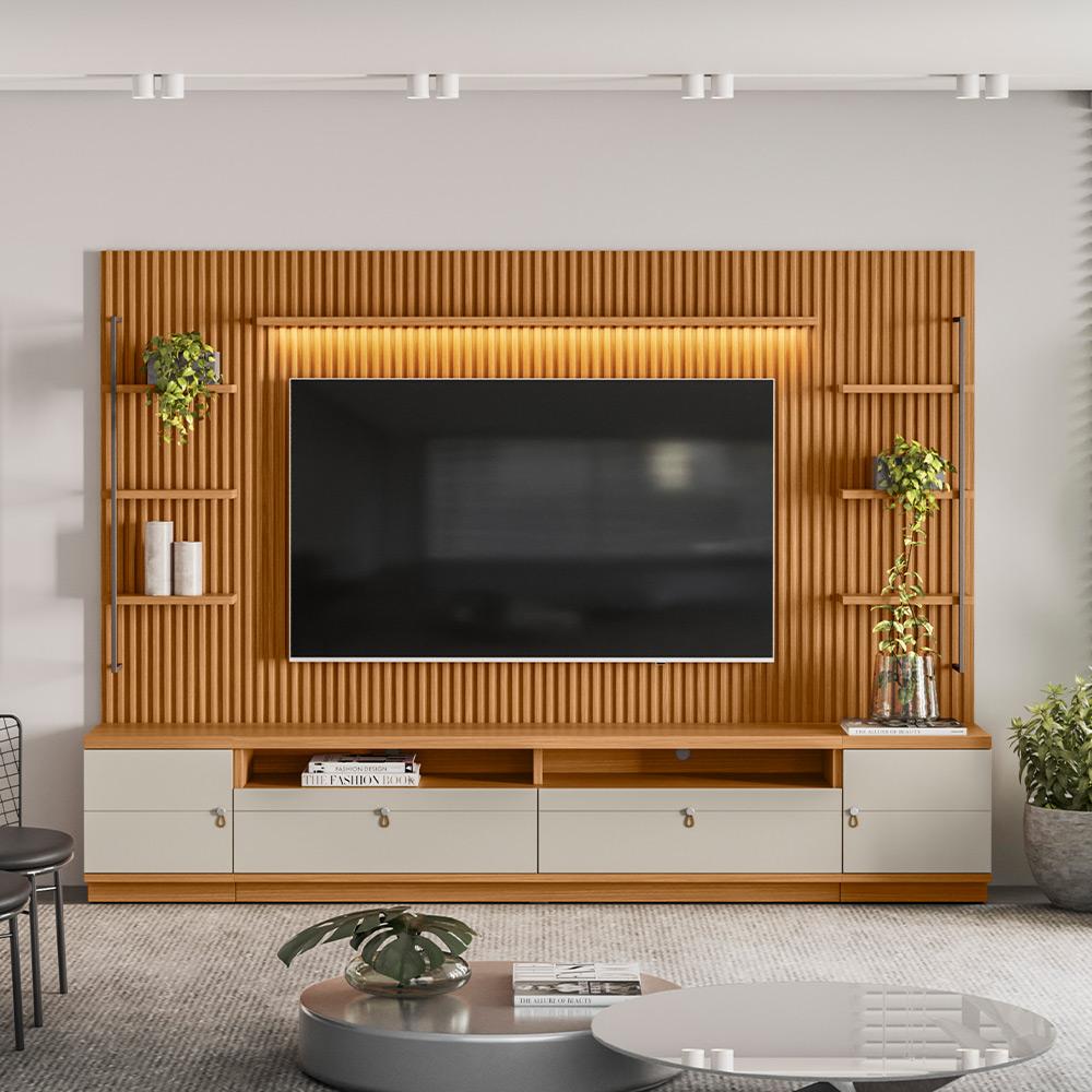 人気ショップ Painel com Sala Para Rack Ripado Orizon 268cm Pol 75 TV Para スチールラック・メタルラック